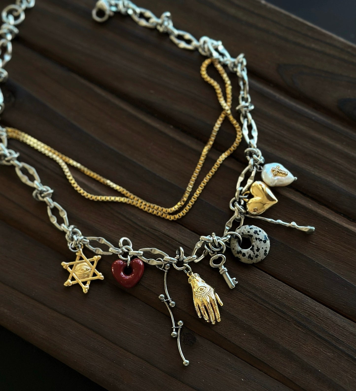 Vintage punk style with eye of God, gold hand, baroque cross, heart pendant layered necklace, Y2K choker, trendy eclectic cool necklace