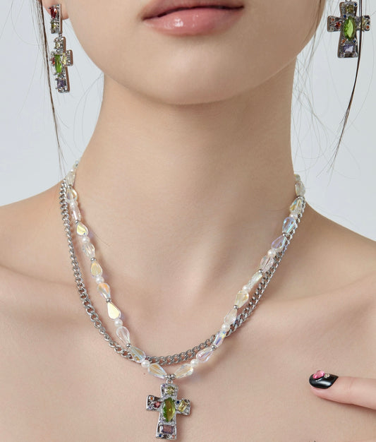 Vintage punk double-layered multicolored cubic zirconia cross collar necklace