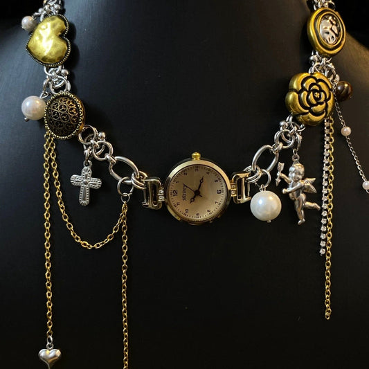 Y2K Gold Vintage Watch Choker Necklace, Angel Charm,Pearl,Heart Button, Cross Charm  Necklace, Clock Chunky Chain,Tassel Pendant Necklace
