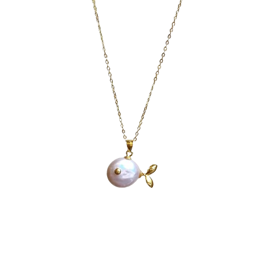 Natural Baroque Pearl with Aurora Borealis Button and Small Fish Pendant in S925 Sterling Silver Necklace
