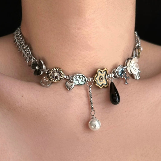 Silver Vintage Fun Cubic Zirconia Pearl Flower Palm choker, Y2K artistic vintage style, Trend Clutter Cool Necklace, for men and women