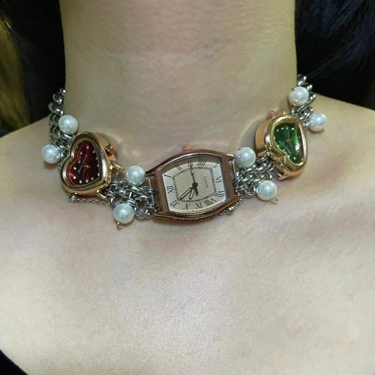 Niche Retro Punk Pearl Vintage style Watch Choker Necklace