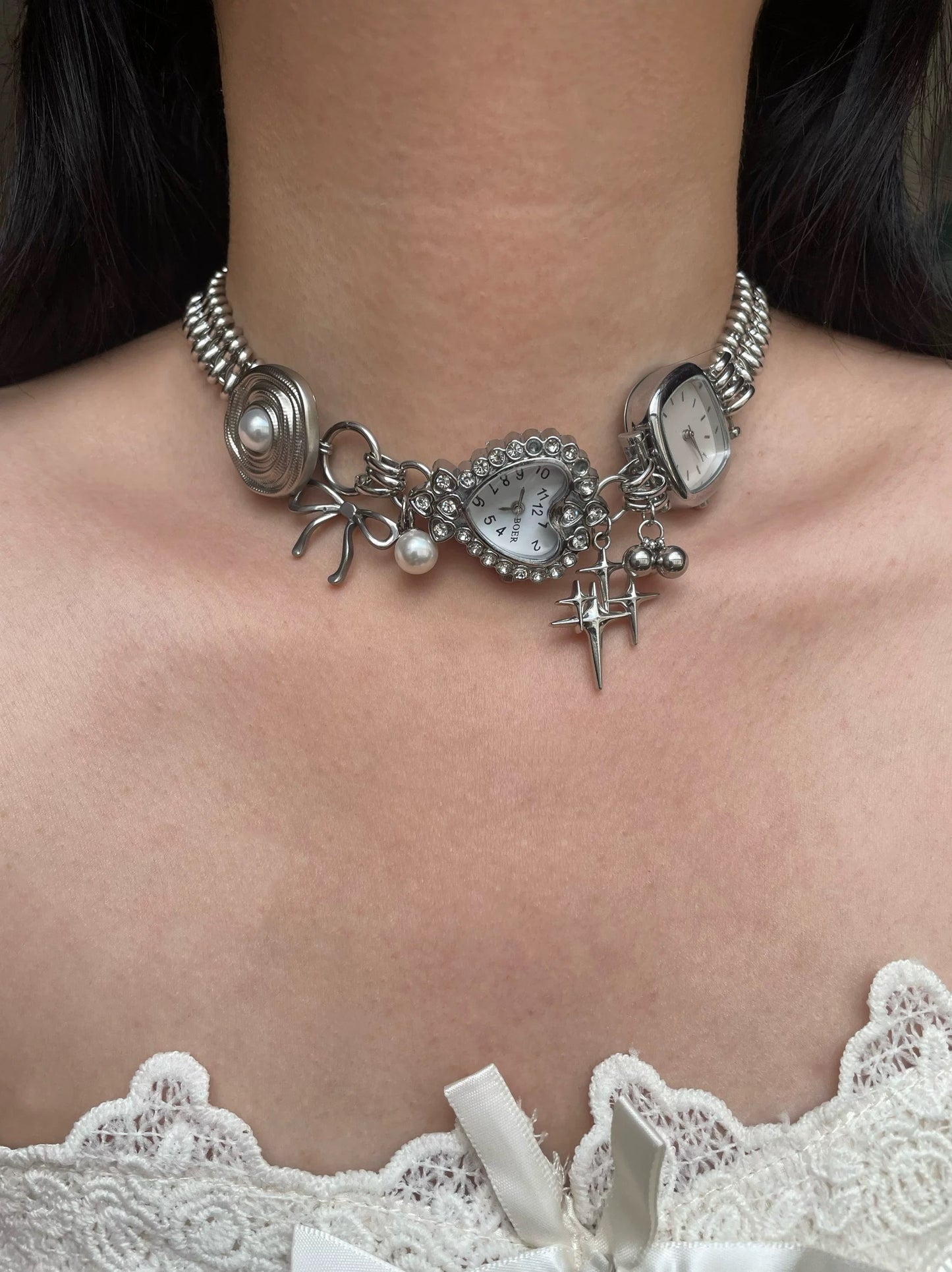 Vintage Silver Heart Watch Choker Necklace, Elegant Courtly Jewelry