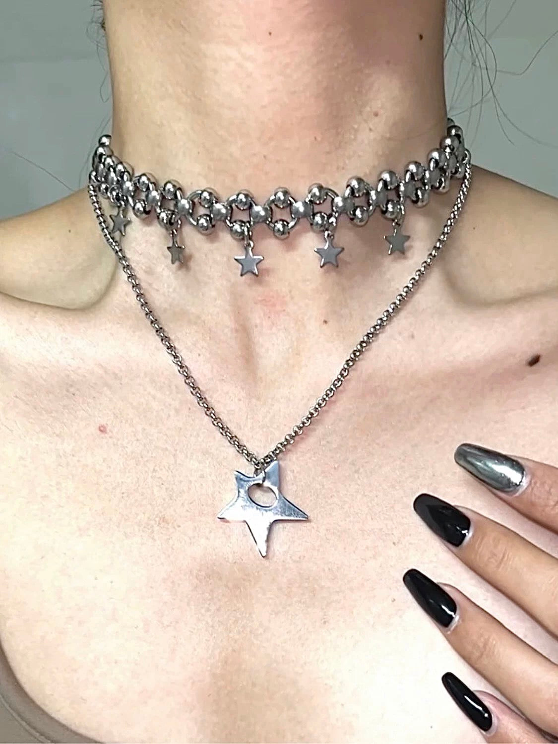 Cyberpunk style star necklace, silver layered necklace, thick chain,y2k