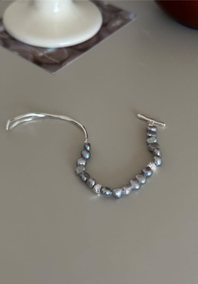 925 Sterling Silver Baroque Freshwater Grey Pearl Bangle, Women's Exquisite Wrist Adornment, 6cm Diameter