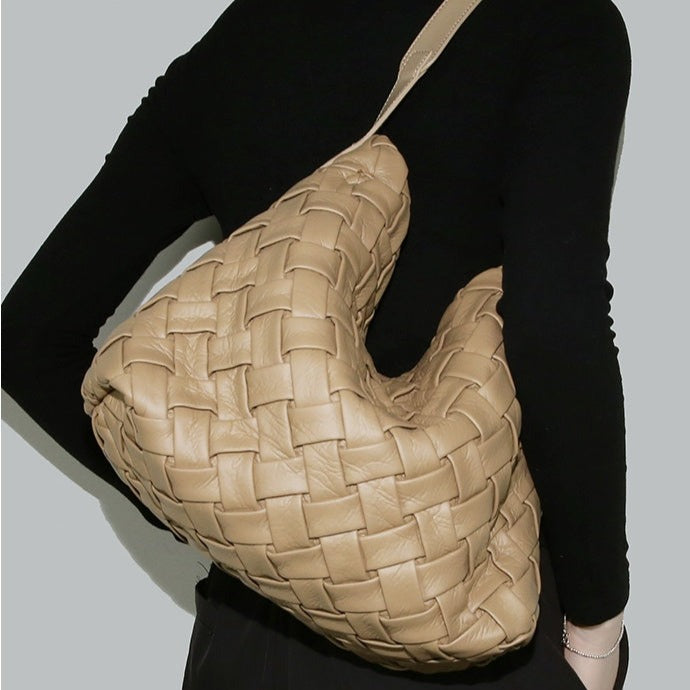 Soft Leather Woven Tote, Large Capacity Hobo Bucket Bag, Premium Satchel with Child Bag