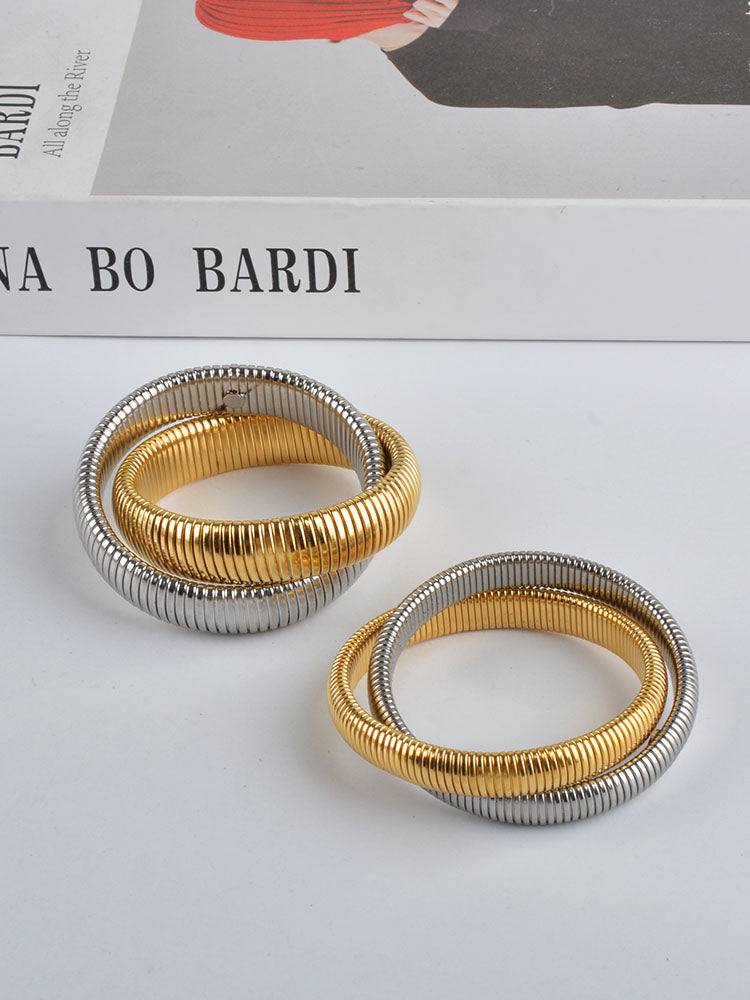 Triple Loop Elastic Bracelet, Vintage Style, Exaggerated Textured Cuff, Titanium Steel Stackable Bangle