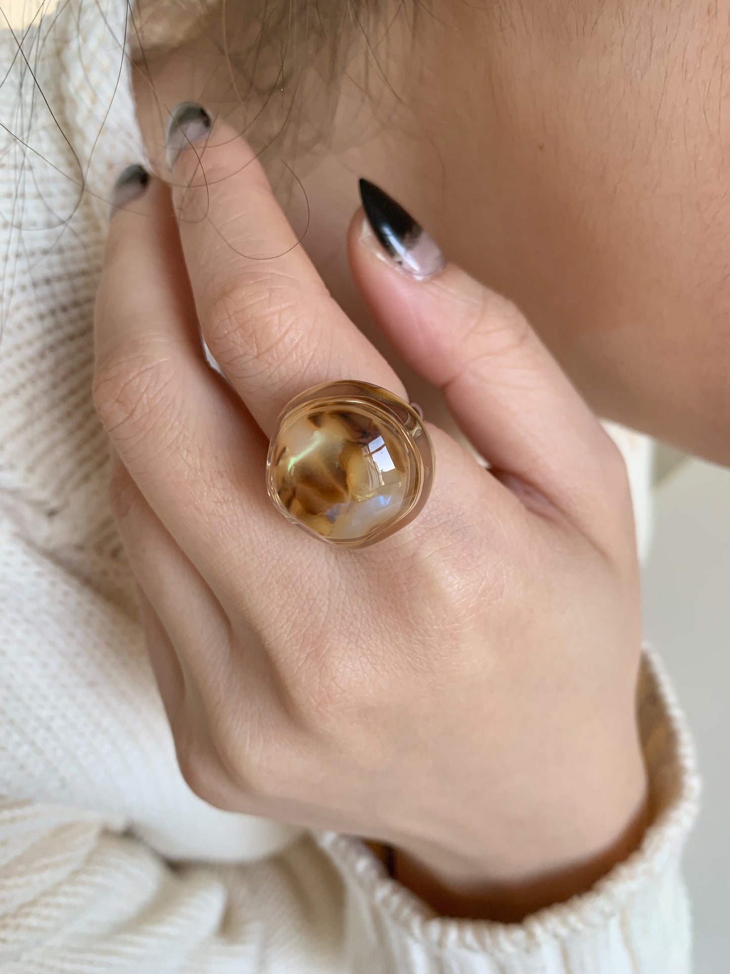 Leopard Print Shell Resin Ring, Adjustable Titanium Steel Ring, Trendy & Versatile Accessory