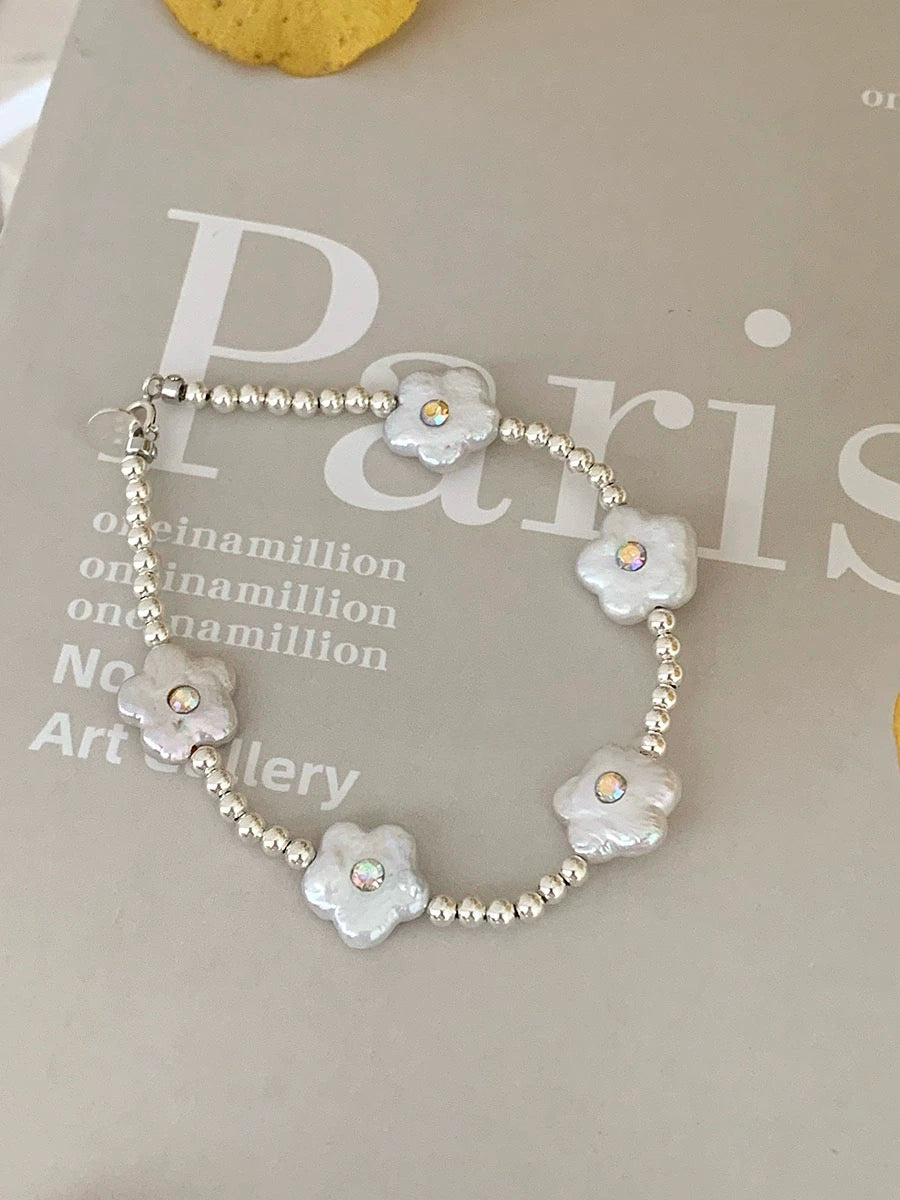 Floral Diamond Sterling Silver Baroque Natural Freshwater Pearl, Adjustable Chain