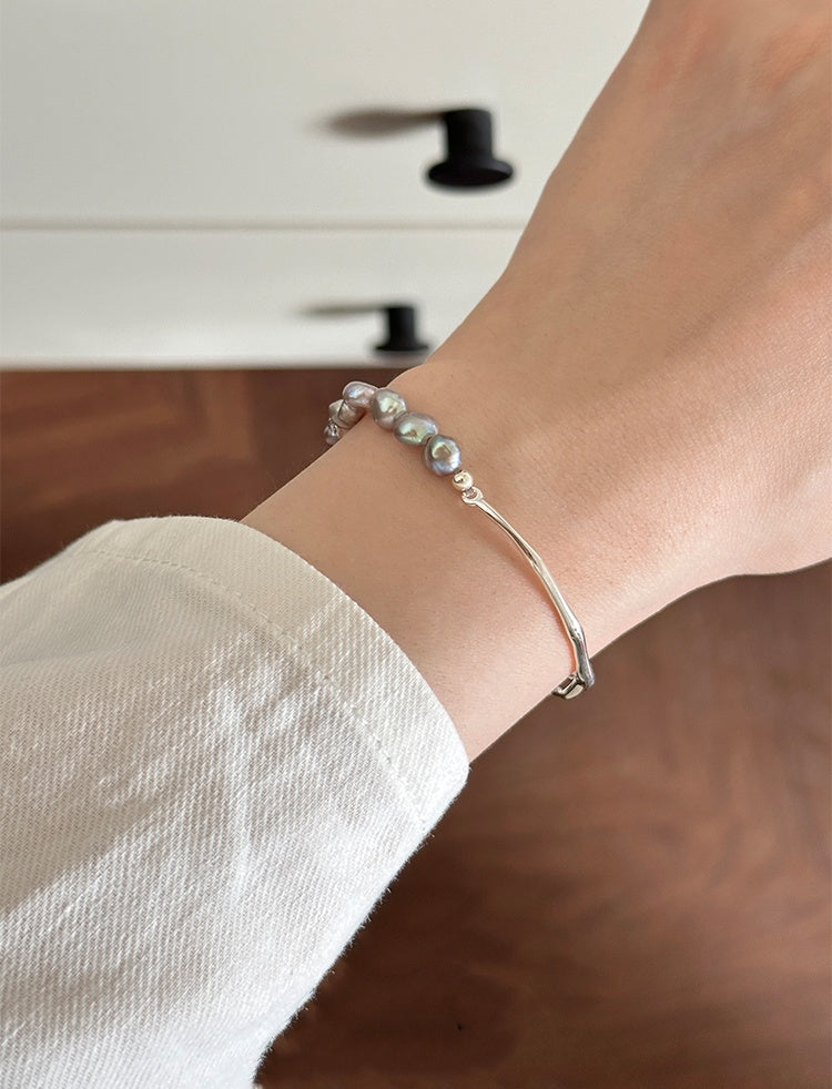 925 Sterling Silver Baroque Freshwater Grey Pearl Bangle, Women's Exquisite Wrist Adornment, 6cm Diameter