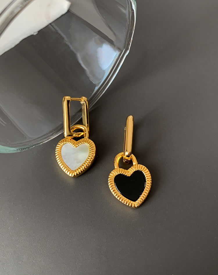 Black & White Mother-of-Pearl Heart Earrings, Luxury Minimalist Design, 24K Gold-Plated Brass