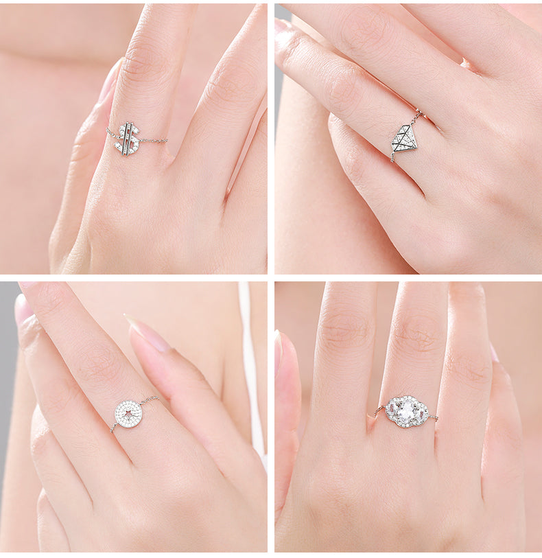 Sterling Silver Ring with Chain Design, Zirconia Inlay, Adjustable Size, Different Choice with Crystals for Women and Girls