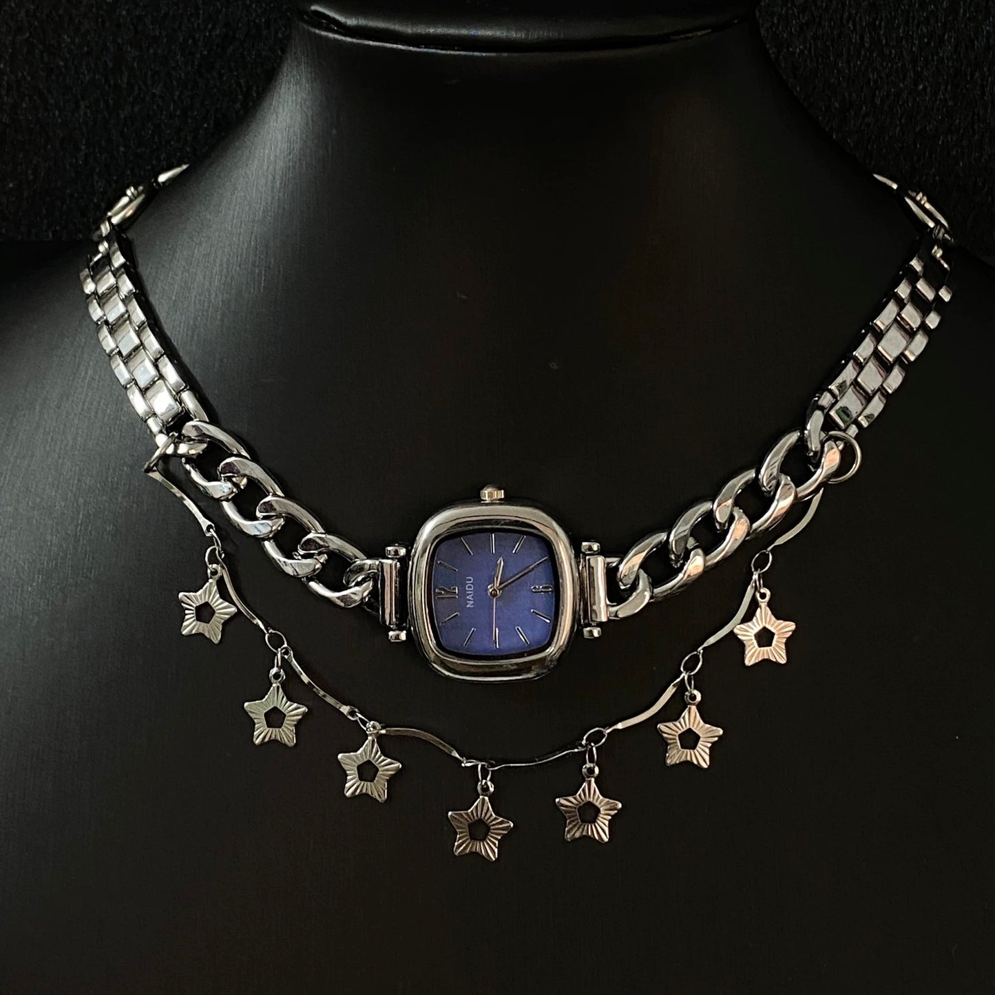 Cyberpunk Retro Blue Watch Choker Necklace, Silver Chunky Chain Necklace, Star Layered Necklace, Y2K Jewelry, Unique Trendy Unisex Gift.