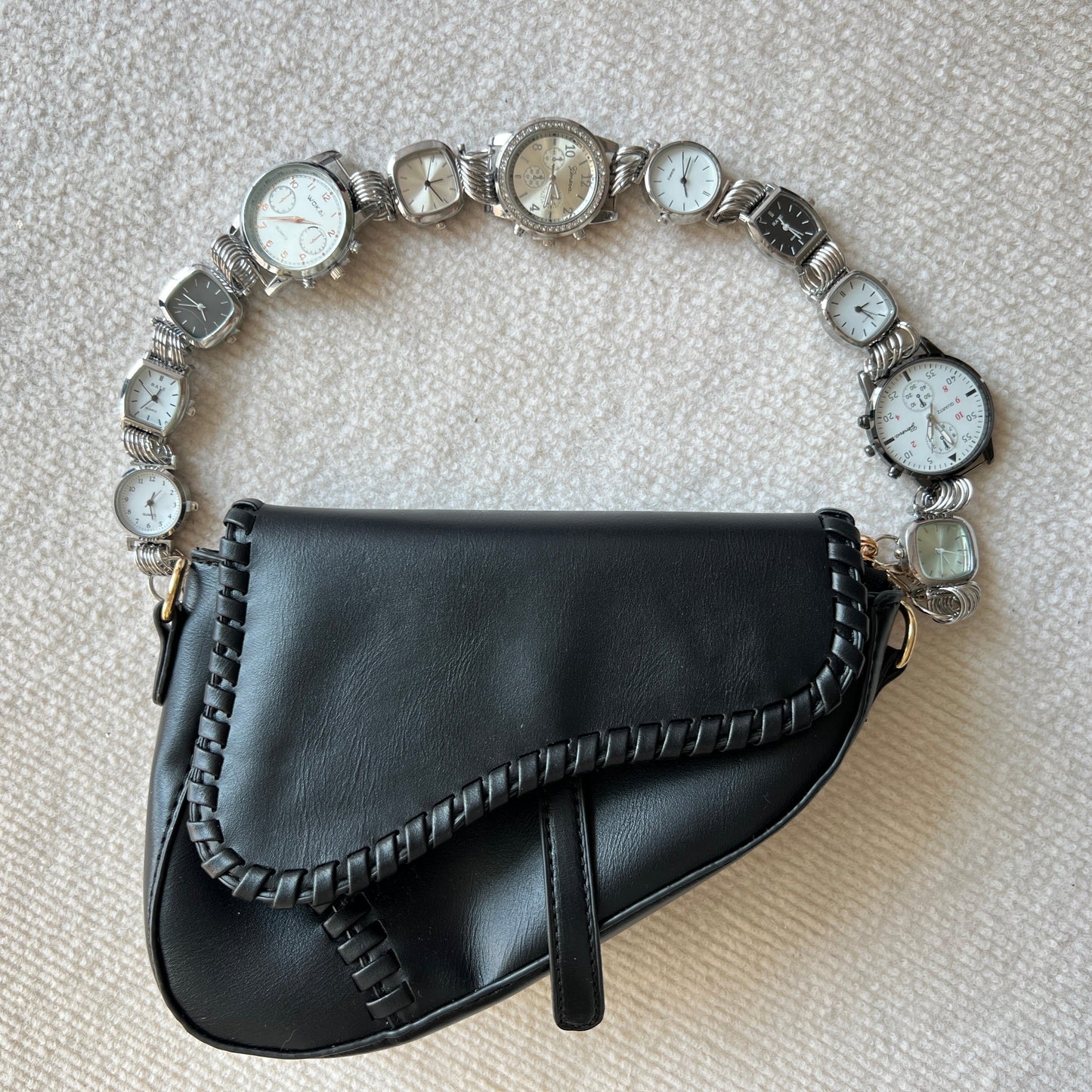 Cyberpunk silver watch bag strap, niche 11 clocks metal bag chain