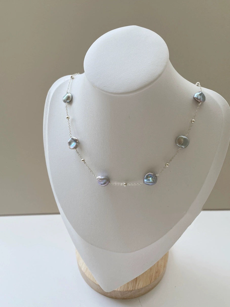 Handcrafted  Blue-Grey Freshwater Baroque Pearl Necklace in S925 silver,Genuine Freshwater Pearls,Collarbone chain, Sweater chain.