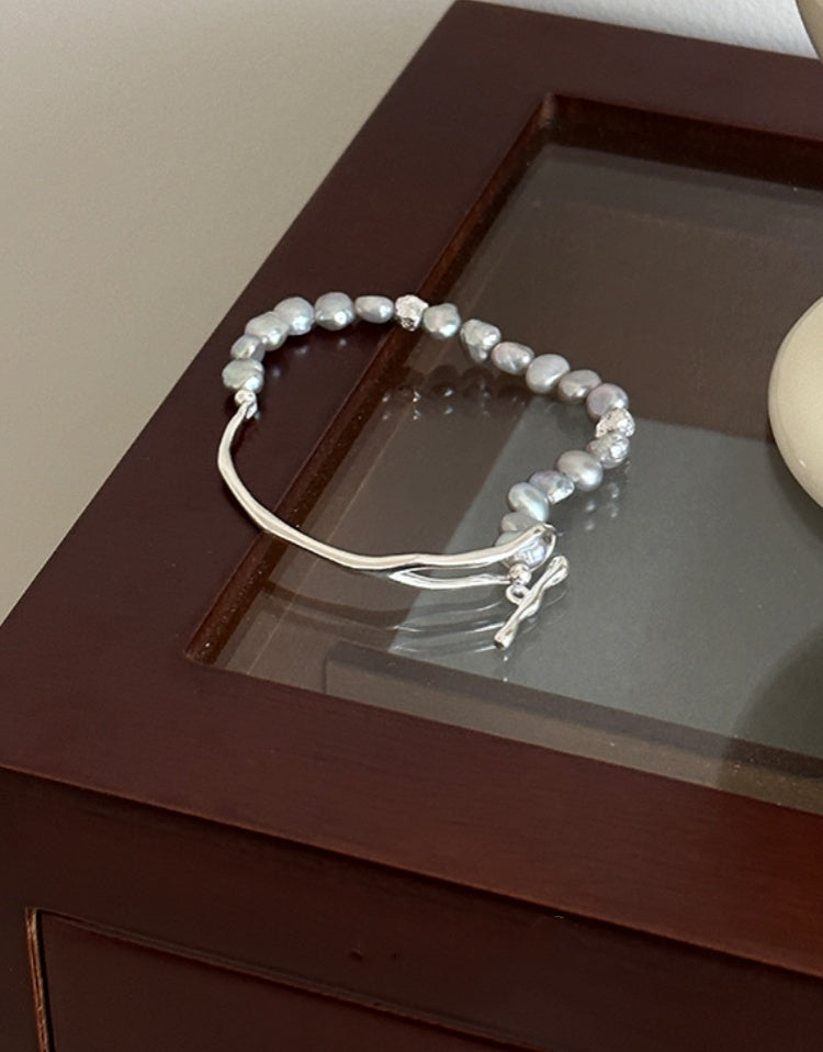 925 Sterling Silver Baroque Freshwater Grey Pearl Bangle, Women's Exquisite Wrist Adornment, 6cm Diameter