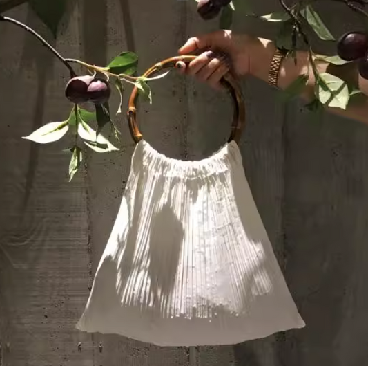 Top Handle Handbags  Wrinkled Texture Special White Round Bamboo Knot Handbag Underarm Bag