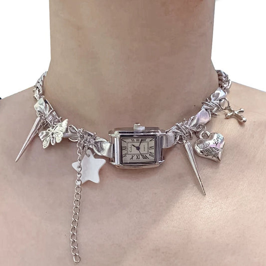 Cyberpunk Silver Watch Star Charm Leather Choker Necklace