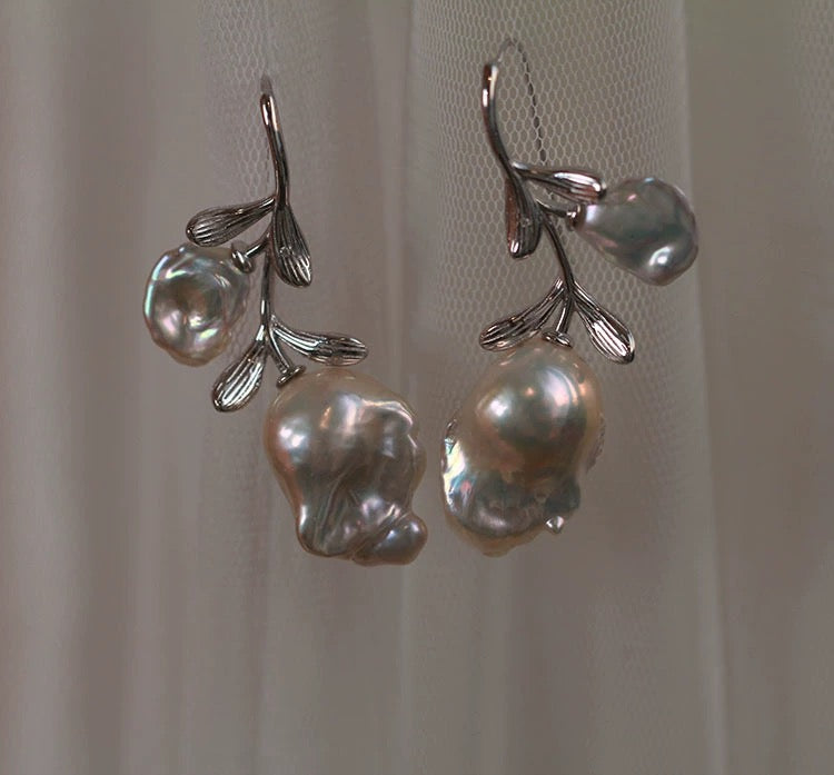 Handcrafted Custom Rose Baroque Pearl Earrings, Women's Natural Freshwater Pearl Earrings, Elegant and Unique Statement Jewelry for Wedding, Anniversary, and Special Occasions