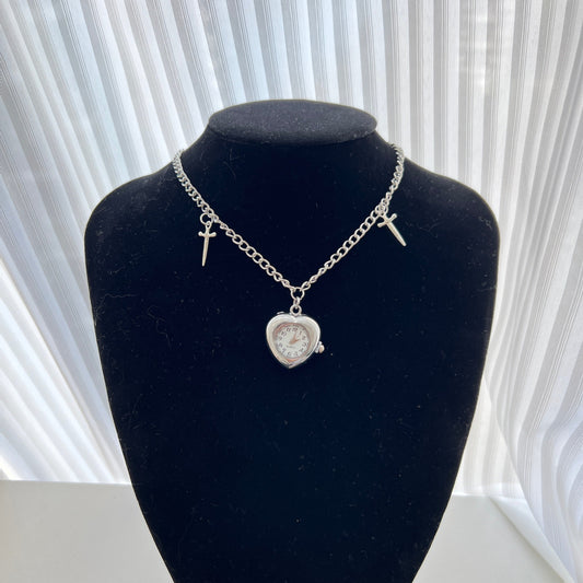 Vintage silver heart watch necklace