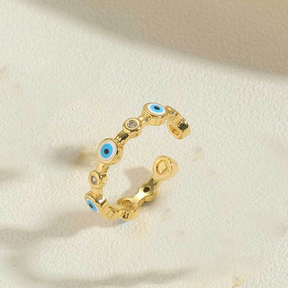18K Gold-Plated Stainless Steel Evil Eye Ring, Fashionable Adjustable Titanium Steel Band