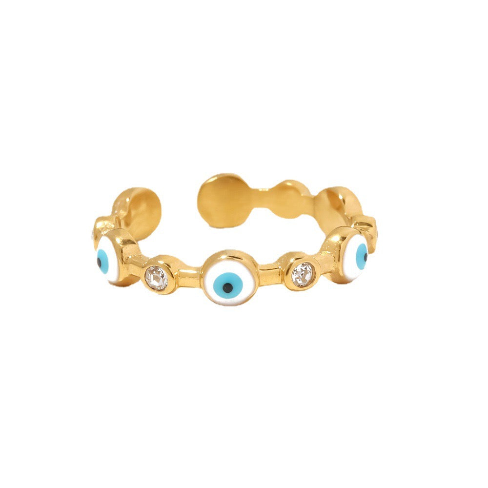 18K Gold-Plated Stainless Steel Evil Eye Ring, Fashionable Adjustable Titanium Steel Band