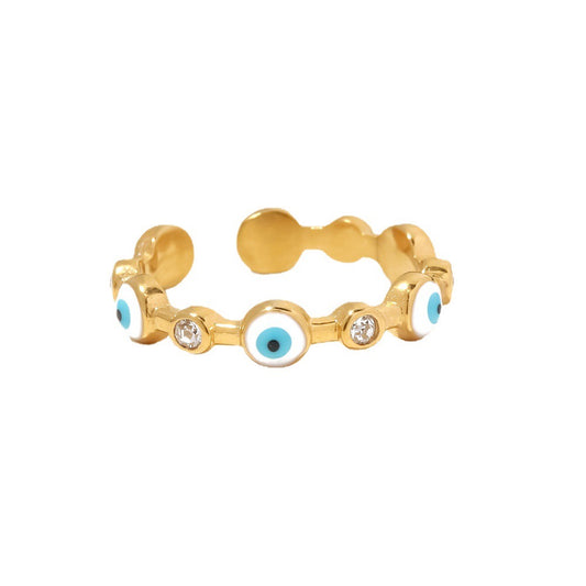 18K Gold-Plated Stainless Steel Evil Eye Ring, Fashionable Adjustable Titanium Steel Band