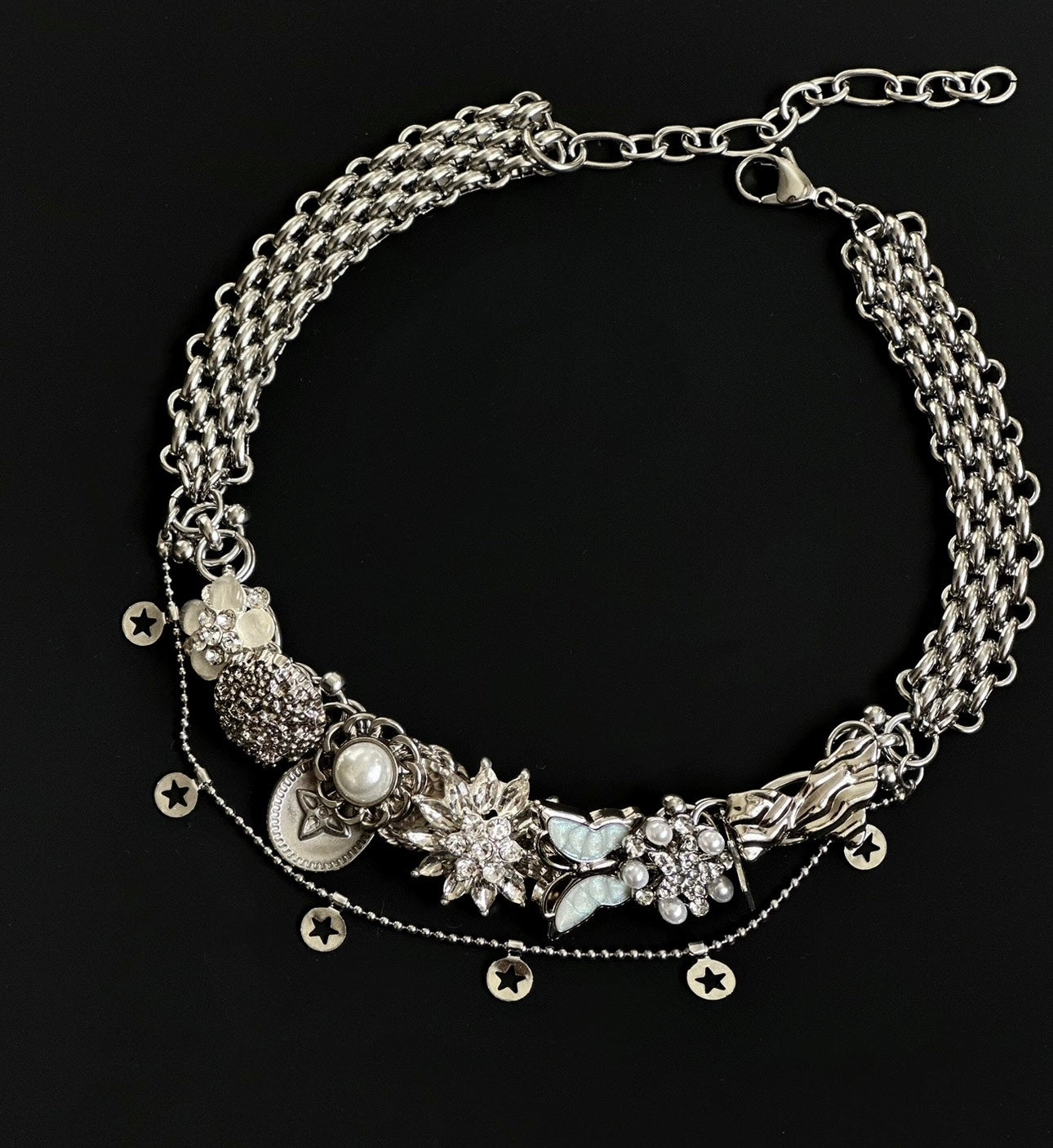 Punk vintage butterfly floral pendant silver layered necklace, Y2K necklace, elegant vintage, trendy eclectic necklace,Perfect unique gift.