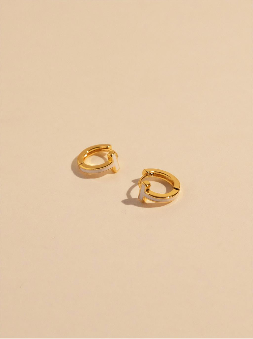 Minimalist Stylish T-Shape Hoop Earrings, White Enamel Polished, High-End Quality