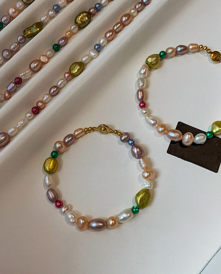 Fresh water pearl baroque Jewelry set with rainbow colors shaded ombre gradient style