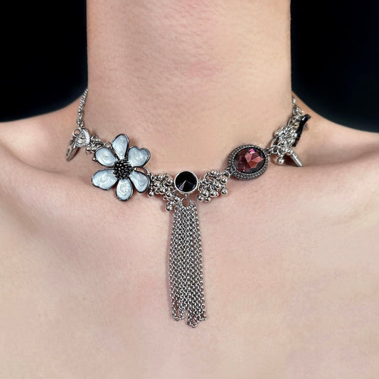 Punk vintage floral tassel pendant necklace with flowers, ruby, heart pendant, Y2K choker, trendy eclectic necklace, perfect unique gift.