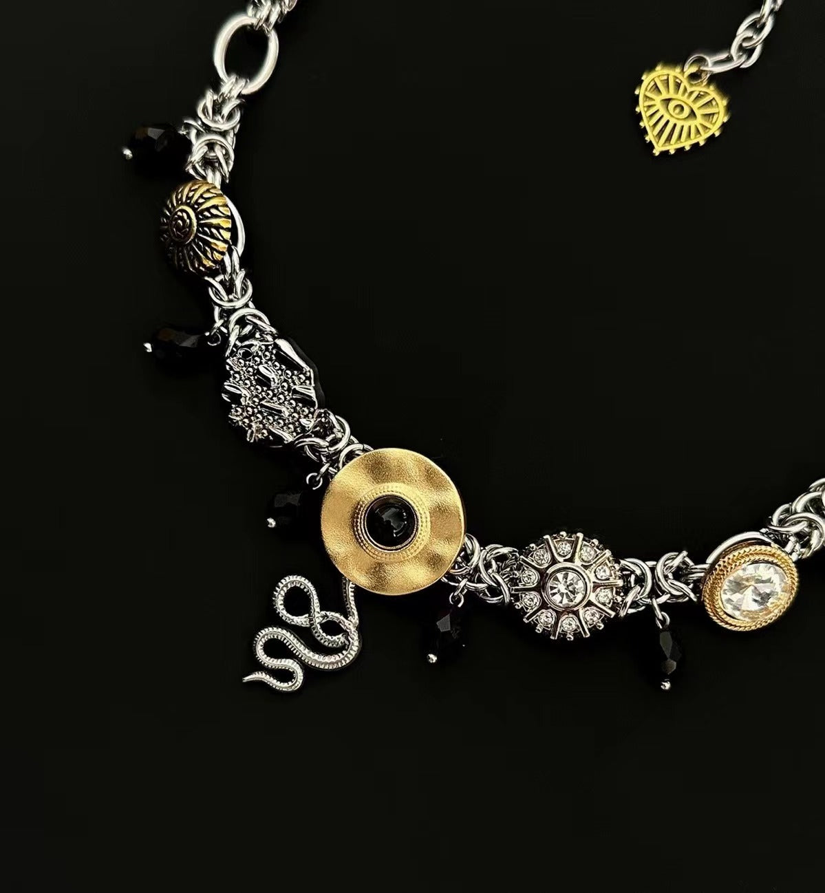 Vintage snake-shaped pendant silver necklace with whimsical button pendants, Y2K cyberpunk style, suitable for both men and women