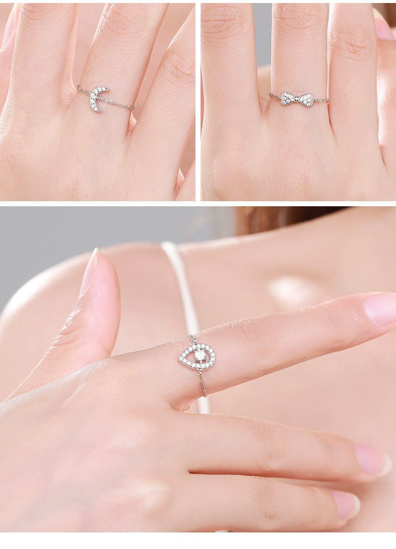 Sterling Silver Ring with Chain Design, Zirconia Inlay, Adjustable Size, Different Choice with Crystals for Women and Girls