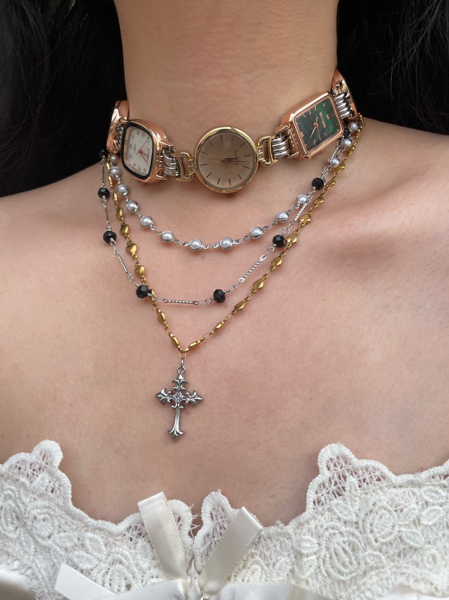 Five watches multi-colored watch choker, cross layered necklace
