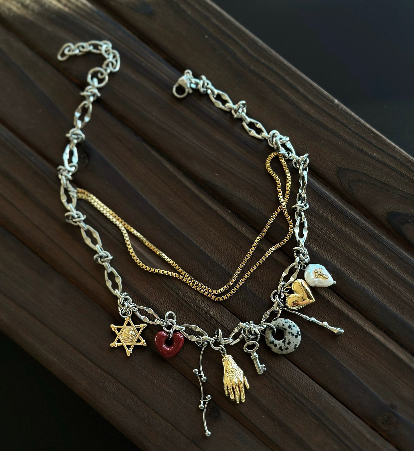 Vintage punk style with eye of God, gold hand, baroque cross, heart pendant layered necklace, Y2K choker, trendy eclectic cool necklace