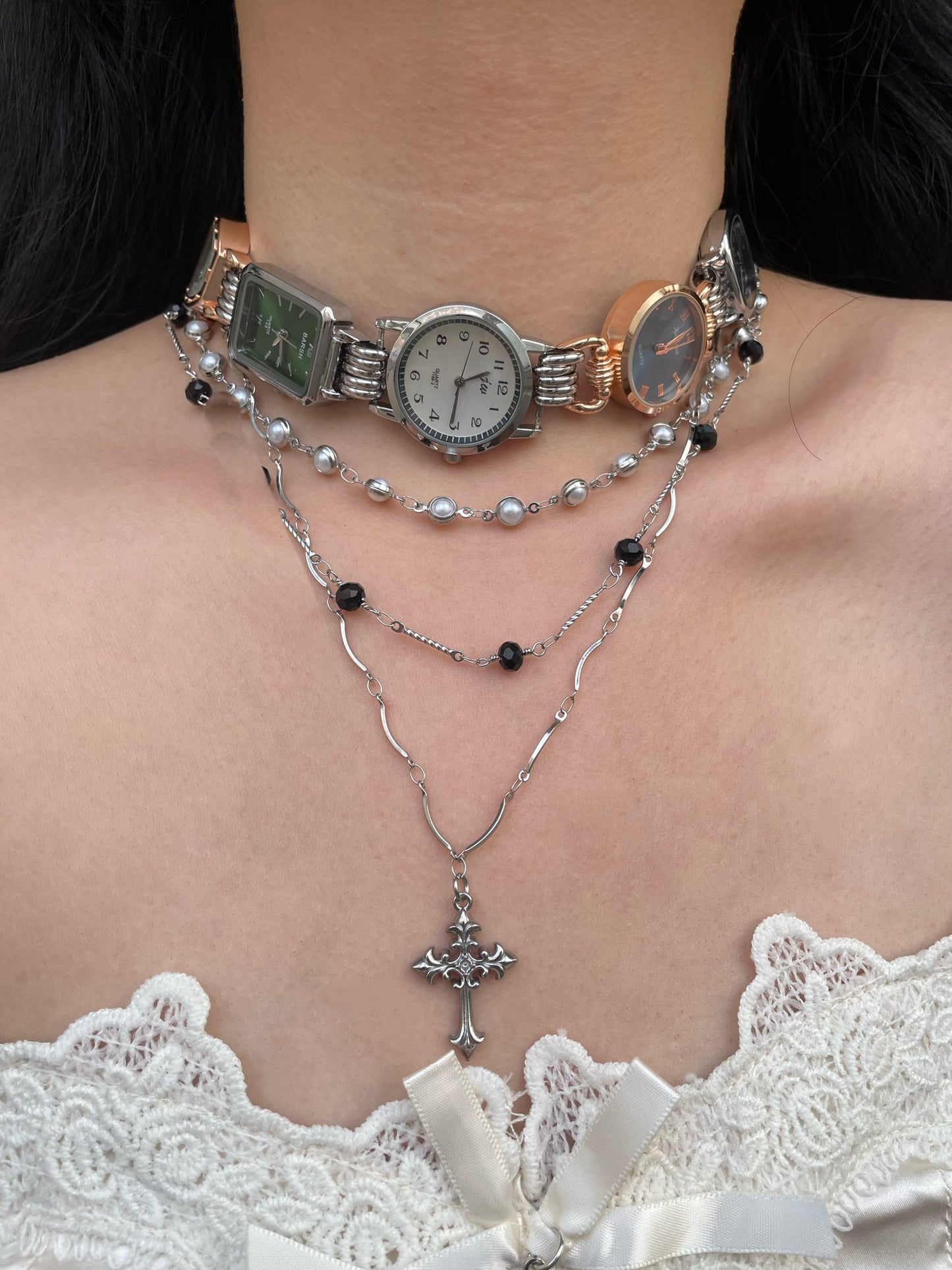 Five watches multi-colored watch choker, cross layered necklace