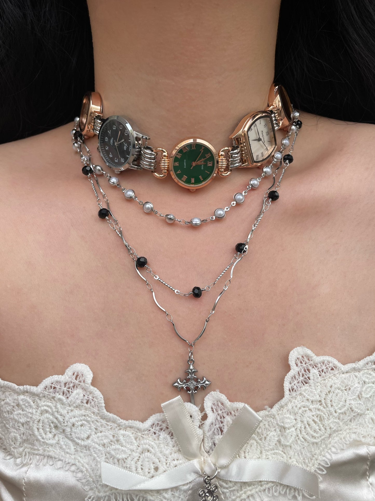 Five watches multi-colored watch choker, cross layered necklace