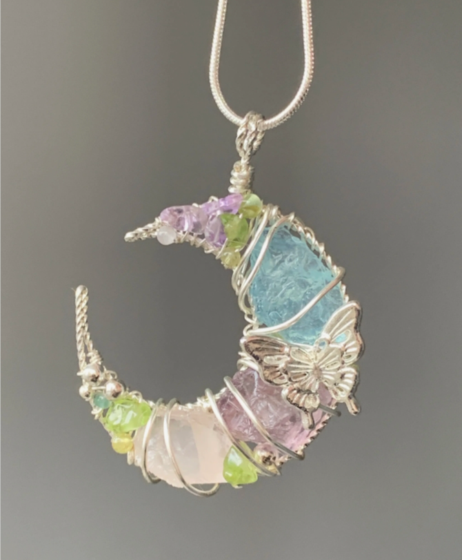 MoJone Original Handmade Moon and Butterfly Pendant, Natural Stone and Silver-plated Necklace