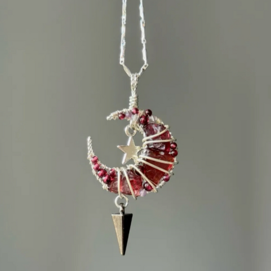 MoJone Original Handmade Moon-shaped Pendant, Natural Stone and Silver-plated Necklace