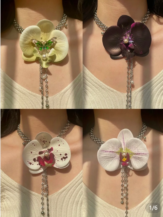 Cyber Punk Vintage Bead Butterfly Orchid Choker, Titanium Steel Chunky Chain Necklace,Y2KAccessories, Perfect Unique Handmade Gift