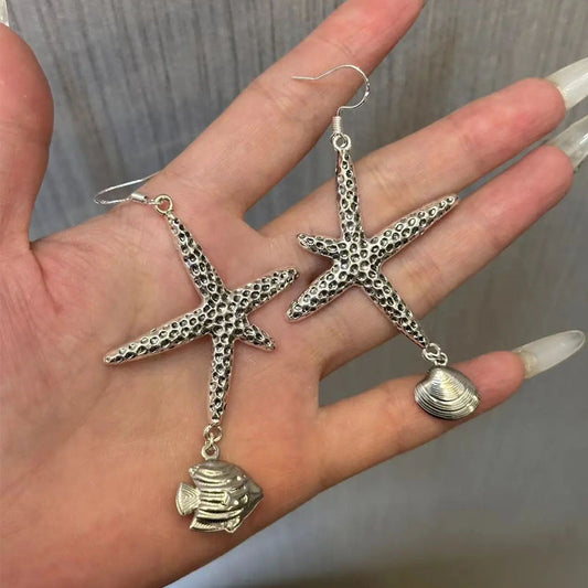 Sea Star Earrings,Long Style,Ocean Earrings,S925 Earrings,Conch and fish pendant,elegant Irregular earrings,Beach Charms Jewelry For Woman