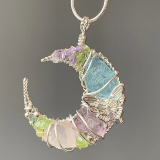 MoJone Original Handmade Moon and Butterfly Pendant, Natural Stone and Silver-plated Necklace