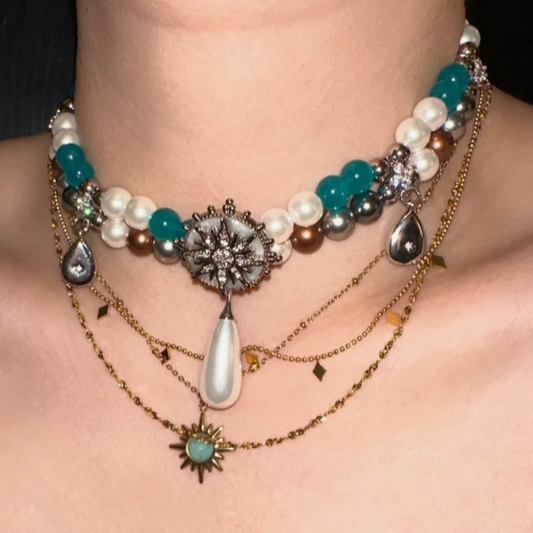 Cyber Punk Vintage Button Bead Blue Watch Choker, Butterfly Titanium Steel Doubel-layer Chunky Chain Necklace, Perfect Unique Handmade Gift