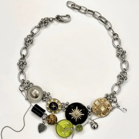 Cyber Punk Vintage Button Green Bead Choker, Titanium Steel Chunky Chain Necklace,Y2KAccessories, Perfect Unique Handmade Gift