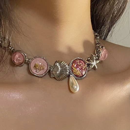 Vintage Pink Button Starfish Shell Choker,Silver Chunky Chian Necklace,Pearl Pendant,  Trendy Jewelry, Y2KAccessories, Perfect Unique Handmade Gift