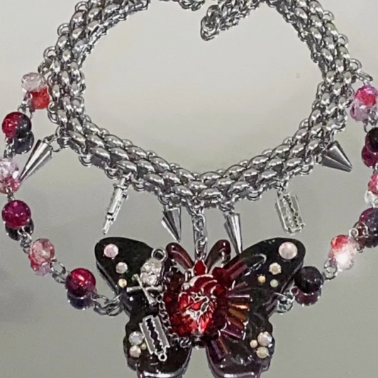 Cyberpunk Retro Beads Choker Necklace, Silver Red Butterfly Pendant Choker, Y2K Choker, stylish and cool, niche appeal
