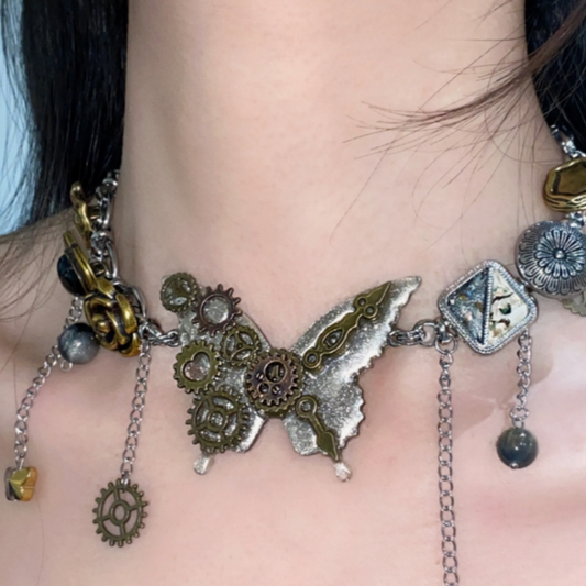 Cyber Punk Vintage Button Bead Choker,  Gear and Flower Titanium Steel Chunky Chain Necklace,Y2KAccessories, Perfect Unique Handmade Gift