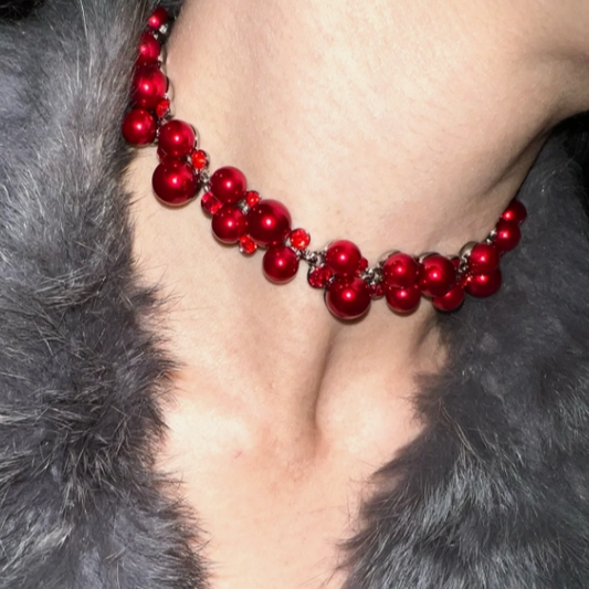 Adorable Vintage Handmade Red Pearl Beaded Necklace Choker Chain, Playful Accesory for Women