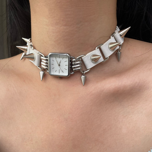 Cyber Punk Niche Chunky Watch Leather White Y2K Choker Metallic Jewelry Trendy Necklace Sliver Chain Accessories