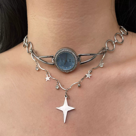 Cyber Punk Niche Chunky Blue Watch Choker, Star Pendant Layered Necklace,Y2K  Metallic Jewelry ,Trendy Sliver Chain Accessories